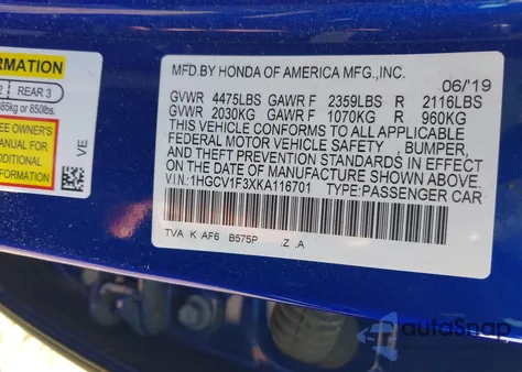 2019 Honda Accord Sport из США, поврежденный, VIN 1HGCV1F3XKA116701